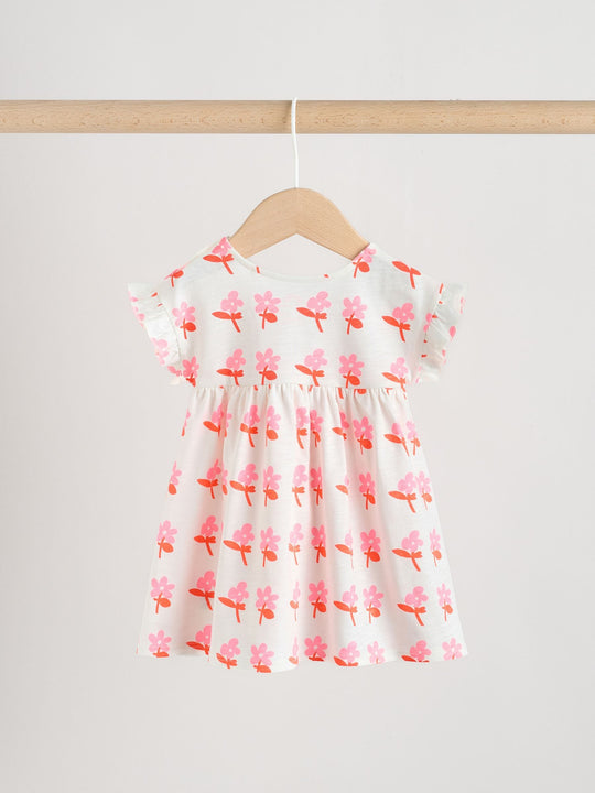 White Floral/ Pink Stripe Baby Short Sleeve Dresse 2 Pack (0mths-3yrs)