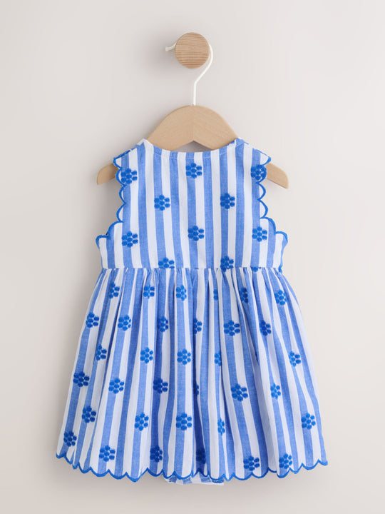 Blue Stripe Woven Baby Dress With Intergrated Bodysuit (0mths-2yrs)