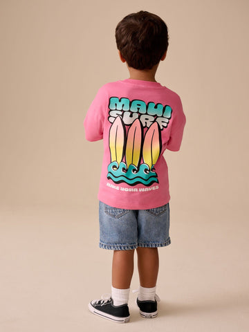 Pink Surfboard Short Sleeve Back Print T-Shirt (3mths-7yrs)