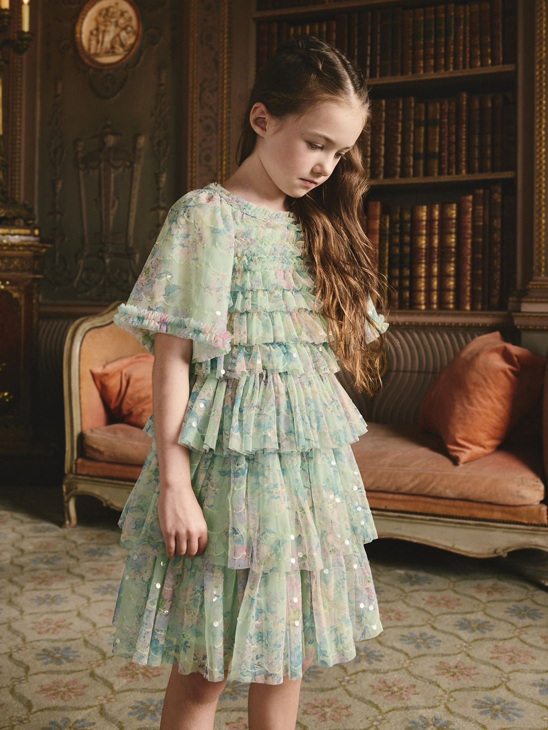 Mint Green Floral Sequin Ruffle Mesh Occasion Dress (3-16yrs)