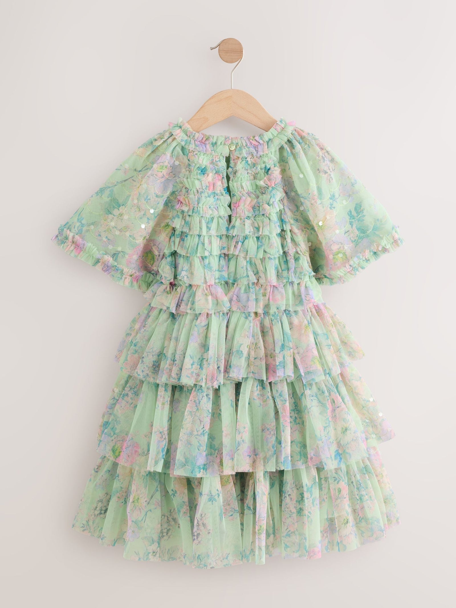Mint Green Floral Sequin Ruffle Mesh Occasion Dress (3-16yrs)