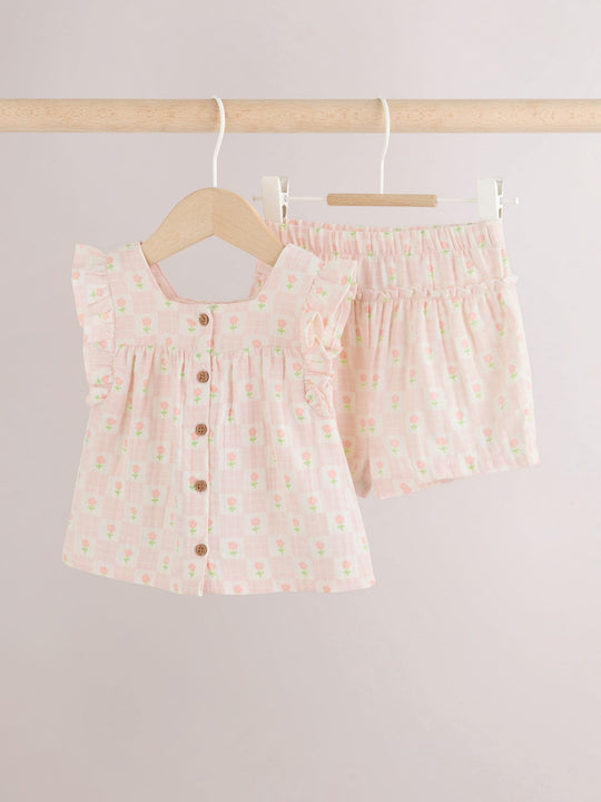 Ecru Pink Floral Woven Baby Top and Shorts Set 2 Piece (0mths-2yrs)