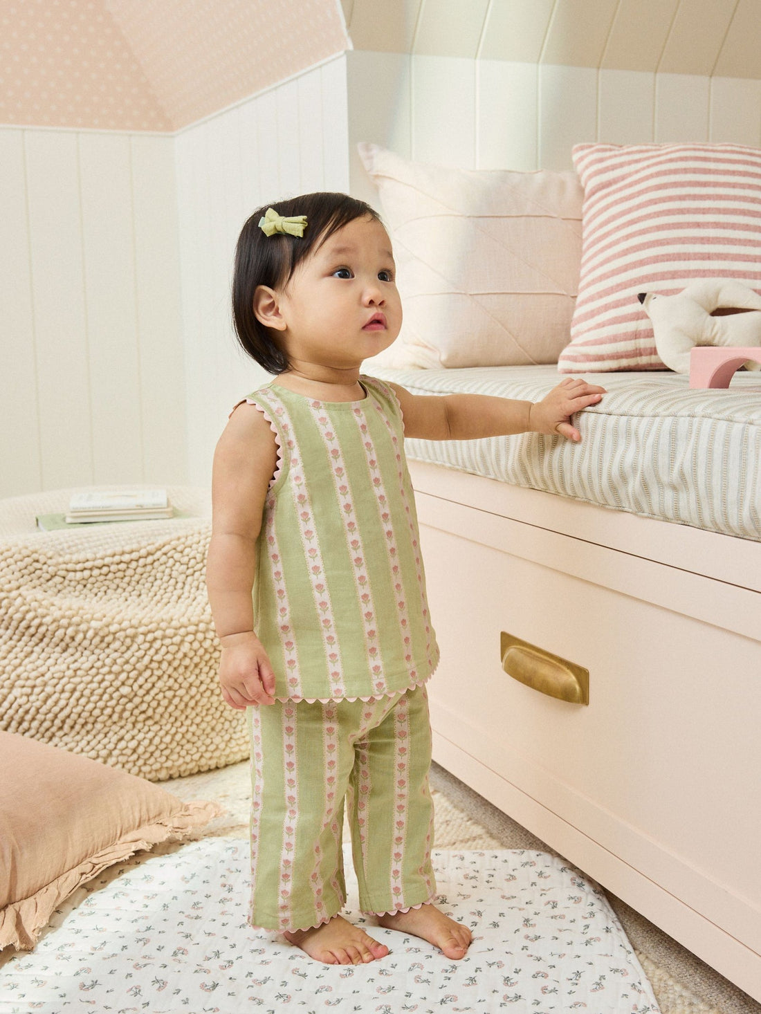 Green Floral Stripe Baby Woven Top and Trousers Set 2 Piece (0mths-2yrs)