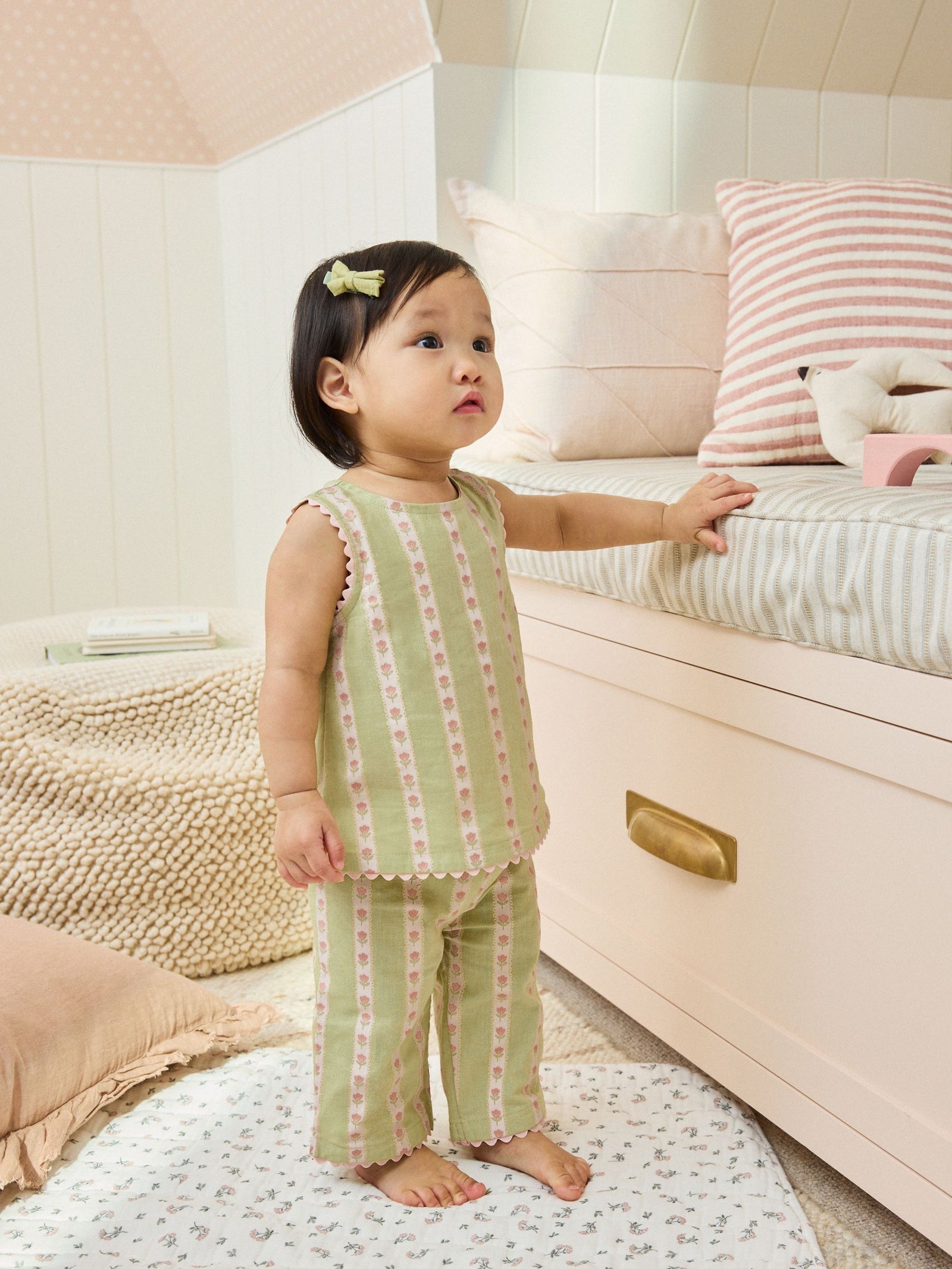 Green Floral Stripe Baby Woven Top and Trousers Set 2 Piece (0mths-2yrs)