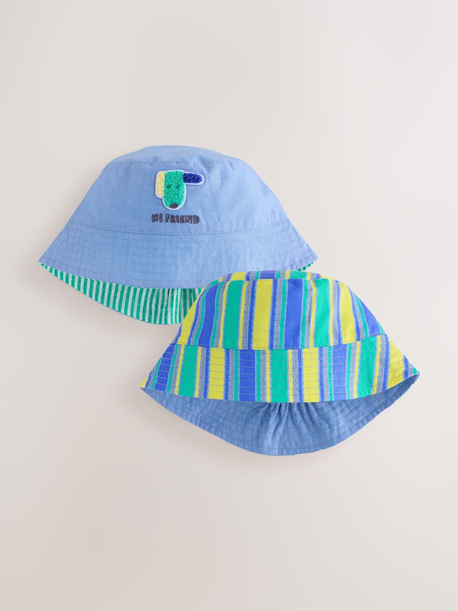 Green Stripe / Dog embroidery Baby Bucket Hats 2 Pack (0mths-2yrs)