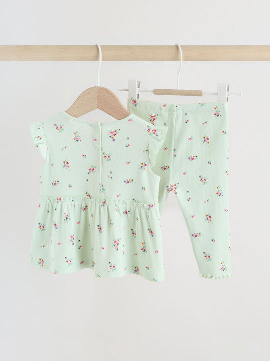 Sage Green Flower Rib Top and Leggings Baby Set 2 Piece (0mths-2yrs)