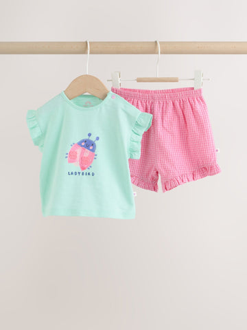 Green Pink Ladybird Short Sleeve Baby Top and Short Set 2 Piece (0mths-2yrs)