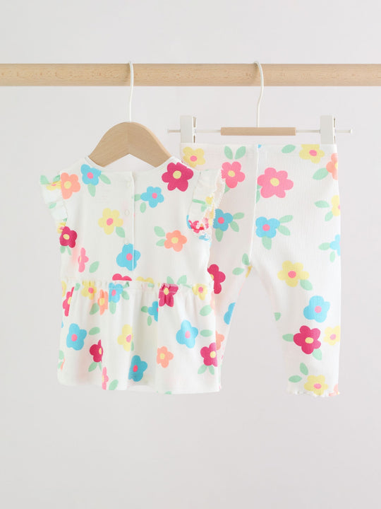 White Flower Rib Top and Leggings Baby Set 2 Piece (0mths-2yrs)
