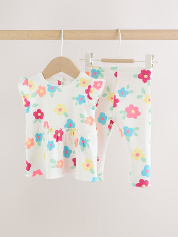 White Flower Rib Top and Leggings Baby Set 2 Piece (0mths-2yrs)