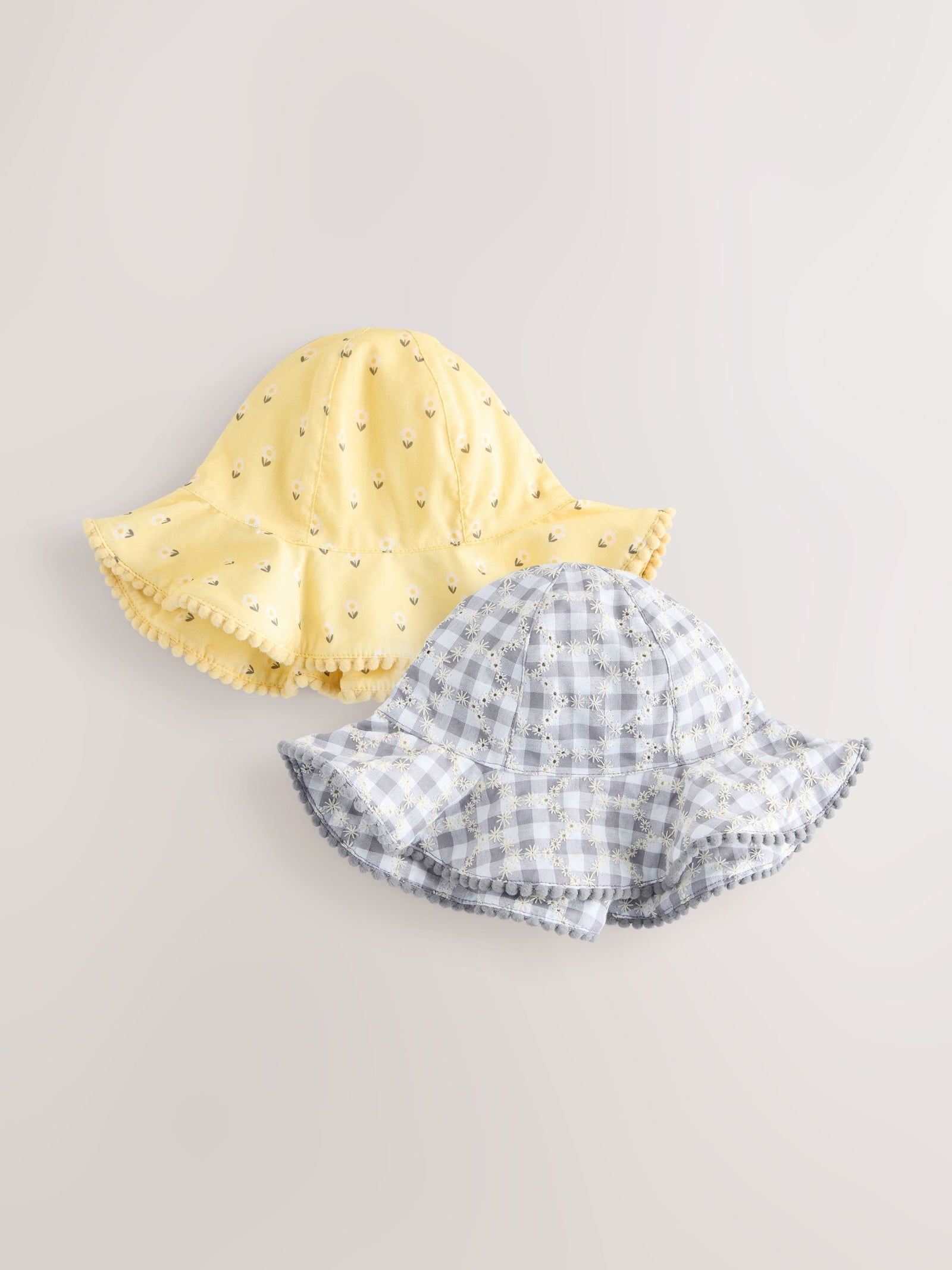 Yellow Floral Broderie and Grey Gingham Baby Bucket Hats 2 Pack (0mths-2yrs)