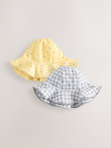 Yellow Floral Broderie and Grey Gingham Baby Bucket Hats 2 Pack (0mths-2yrs)