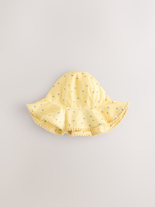 Yellow Floral Broderie and Grey Gingham Baby Bucket Hats 2 Pack (0mths-2yrs)