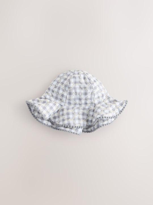 Yellow Floral Broderie and Grey Gingham Baby Bucket Hats 2 Pack (0mths-2yrs)