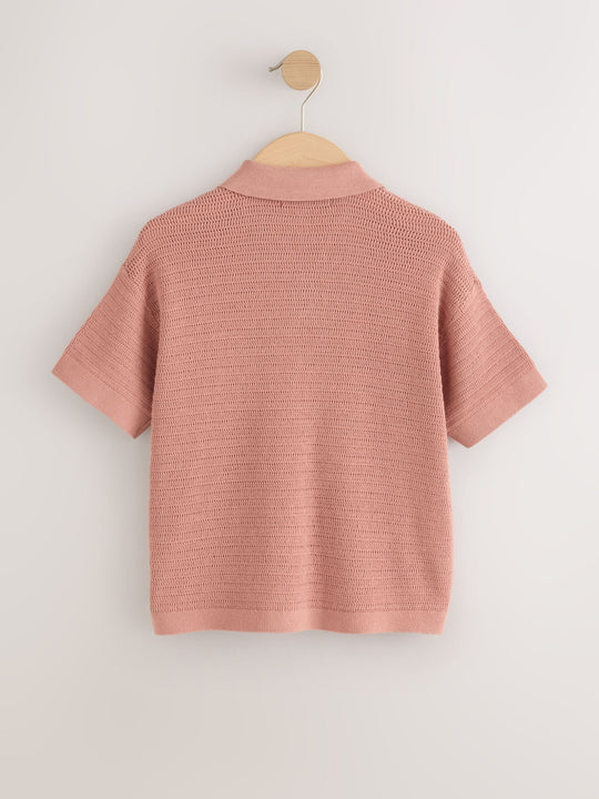 Dusky Pink Palm Embroidered Knitted Polo Shirt (3-16yrs)