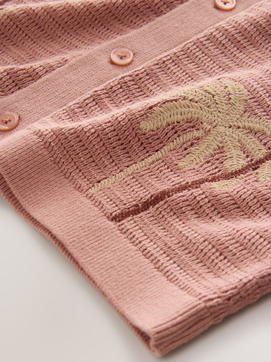 Dusky Pink Palm Embroidered Knitted Polo Shirt (3-16yrs)