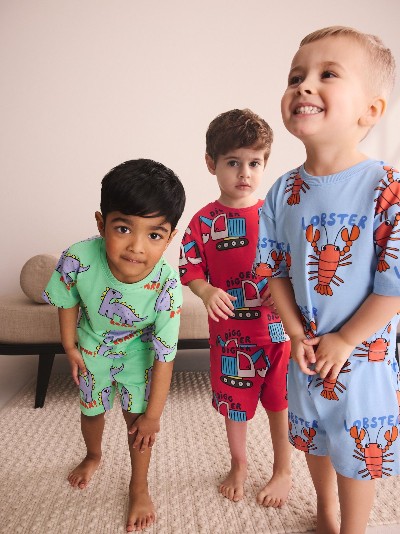 Blue/Green/Red Dino, Digger and Lobster Mixed Short Pyjamas 3 Pack (9mths-8yrs)