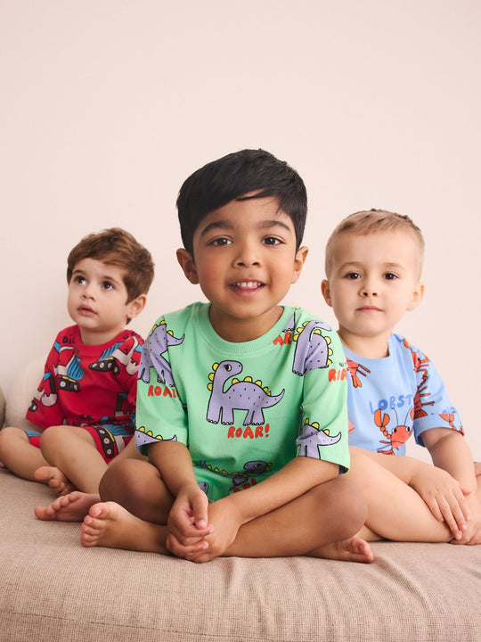 Blue/Green/Red Dino, Digger and Lobster Mixed Short Pyjamas 3 Pack (9mths-8yrs)