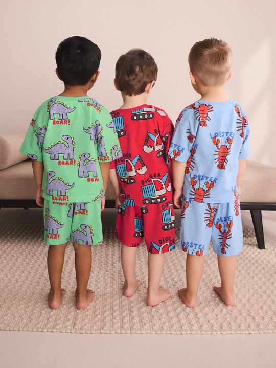 Blue/Green/Red Dino, Digger and Lobster Mixed Short Pyjamas 3 Pack (9mths-8yrs)
