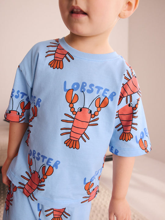 Blue/Green/Red Dino, Digger and Lobster Mixed Short Pyjamas 3 Pack (9mths-8yrs)