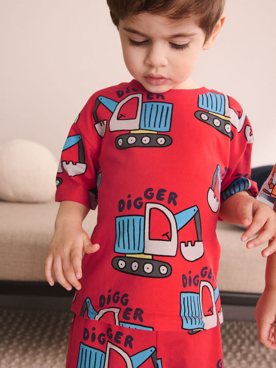 Blue/Green/Red Dino, Digger and Lobster Mixed Short Pyjamas 3 Pack (9mths-8yrs)