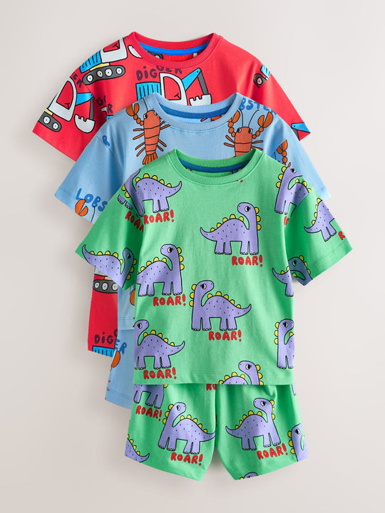 Blue/Green/Red Dino, Digger and Lobster Mixed Short Pyjamas 3 Pack (9mths-8yrs)
