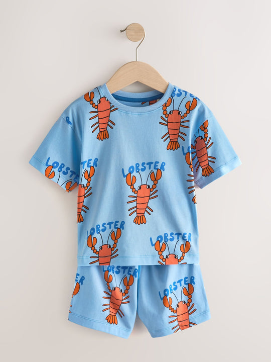 Blue/Green/Red Dino, Digger and Lobster Mixed Short Pyjamas 3 Pack (9mths-8yrs)