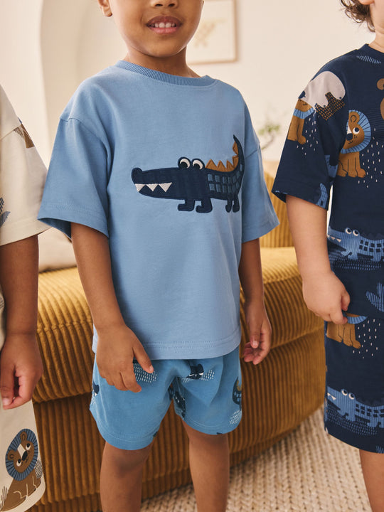 Blue/Ecru Safari Animal Short Pyjamas 3 Pack (9mths-8yrs)