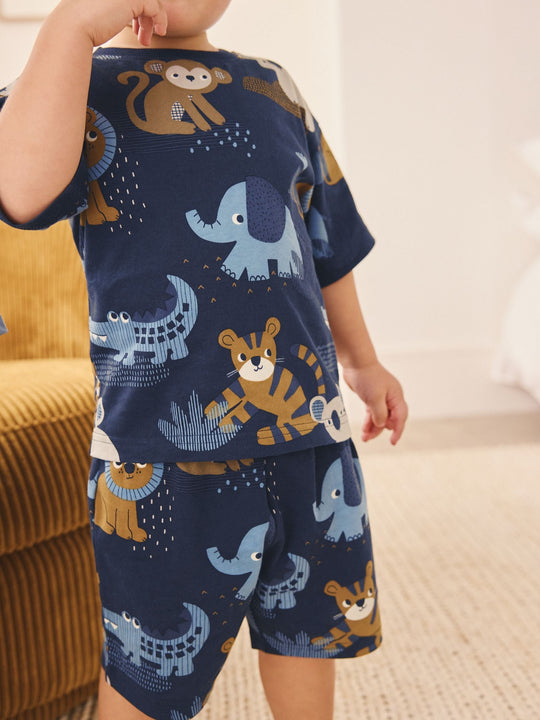 Blue/Ecru Safari Animal Short Pyjamas 3 Pack (9mths-8yrs)