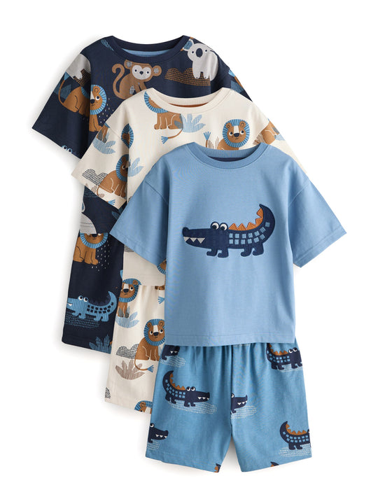 Blue/Ecru Safari Animal Short Pyjamas 3 Pack (9mths-8yrs)