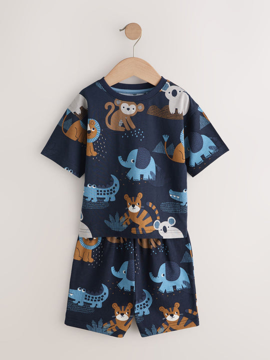 Blue/Ecru Safari Animal Short Pyjamas 3 Pack (9mths-8yrs)