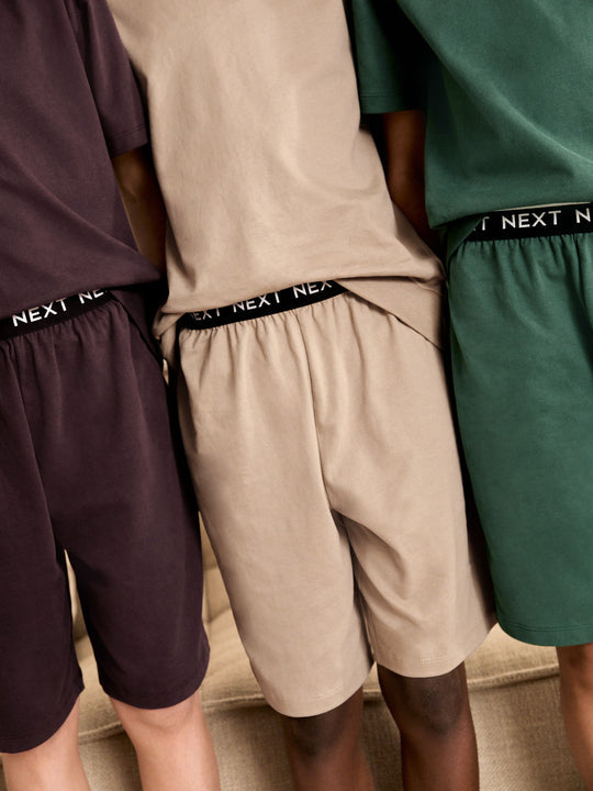 Cement/Green/Brown Plain Shorts Pyjamas 3 Pack (3-16yrs)