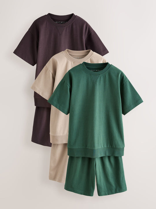 Cement/Green/Brown Plain Shorts Pyjamas 3 Pack (3-16yrs)