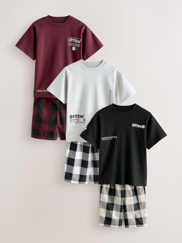 Black/White/Red Check Woven Short Pyjamas 3 Pack (3-16yrs)