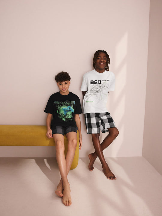 Black/White Check Gamer Shorts Pyjamas 2 Pack (4-16yrs)