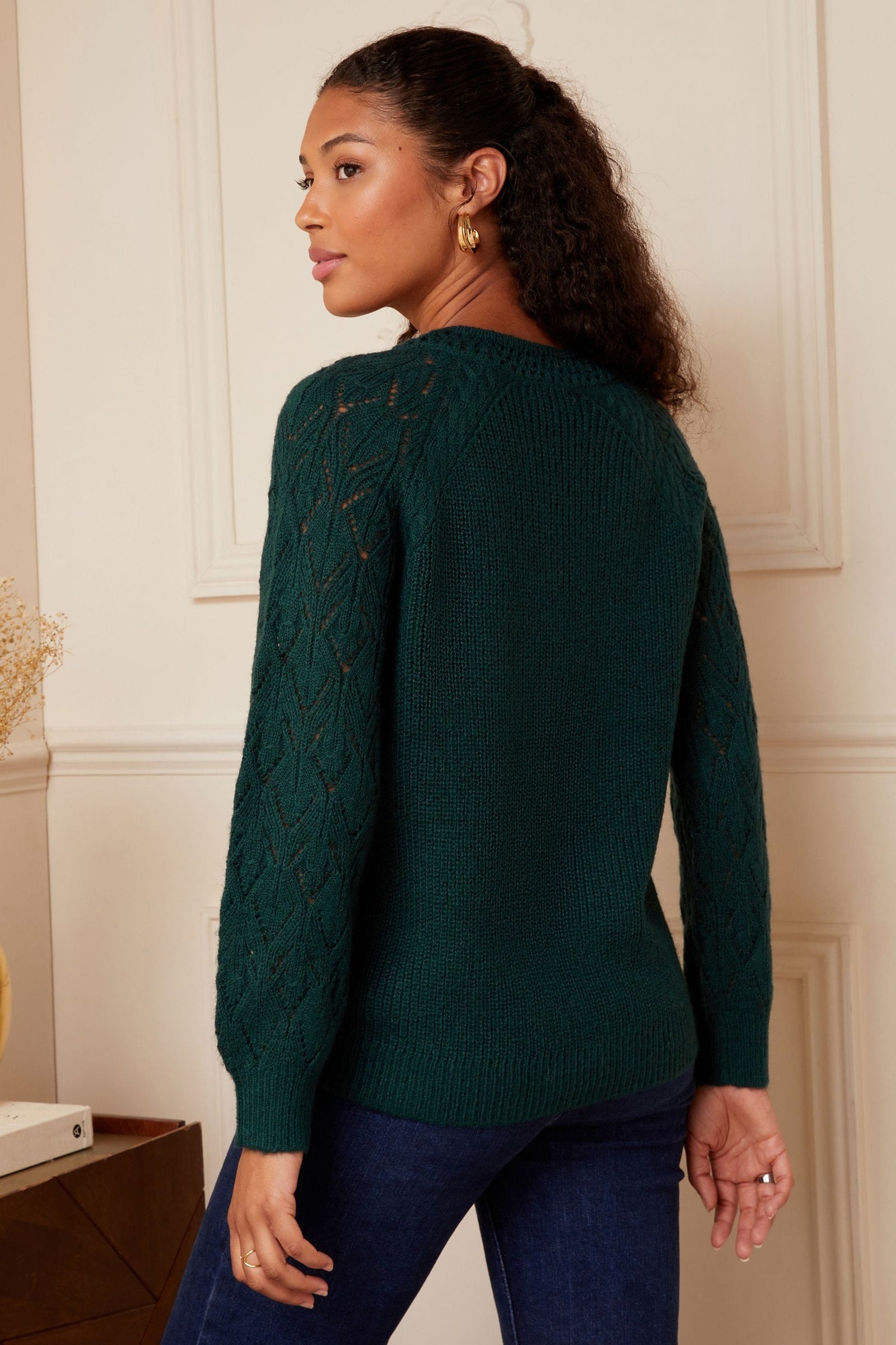 Love & Roses Pointelle Sleeve V Neck Knitted Jumper
