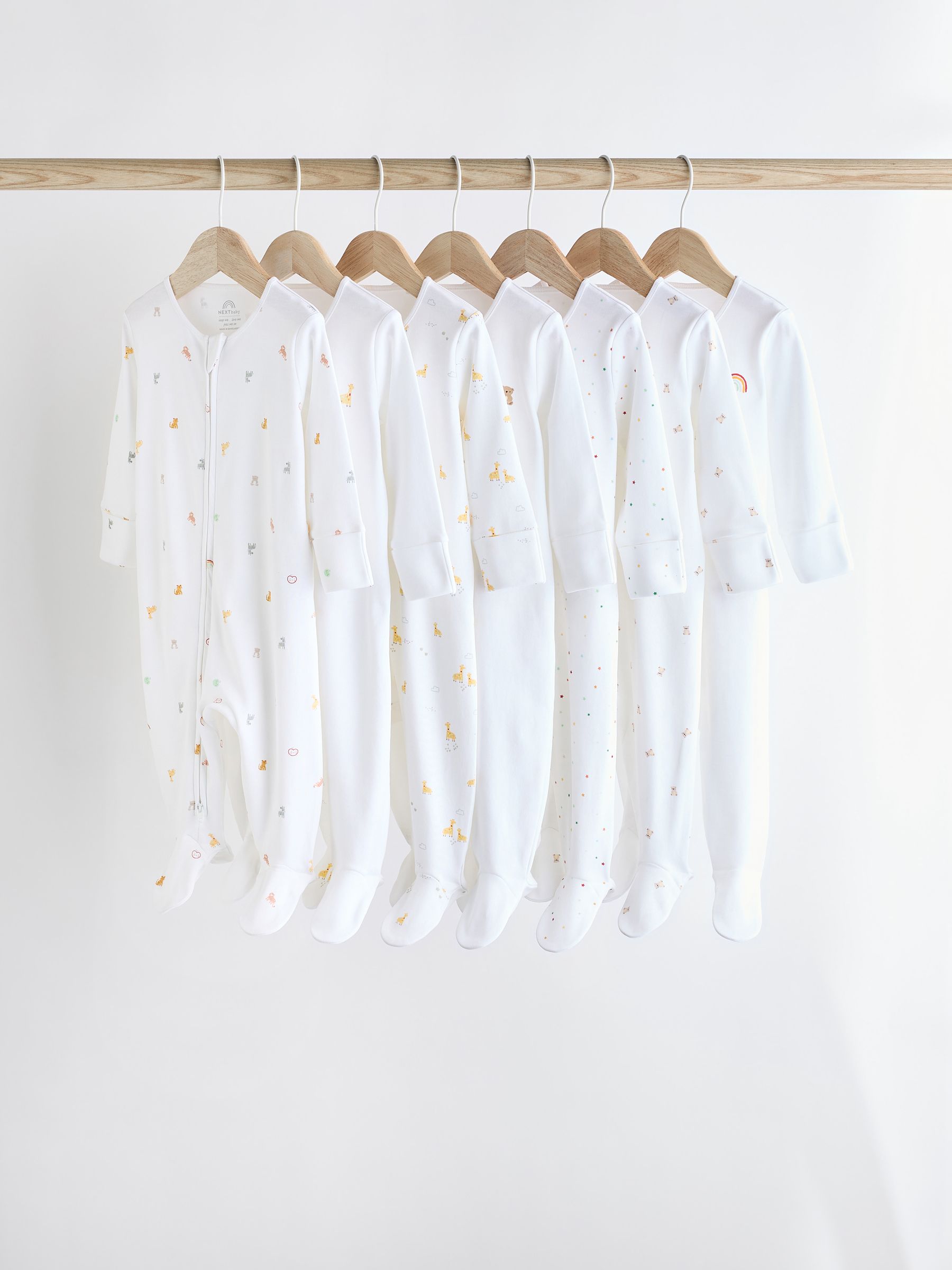 White Bright Character 7 Pack Baby 100% Cotton Sleepsuits (0-2yrs)