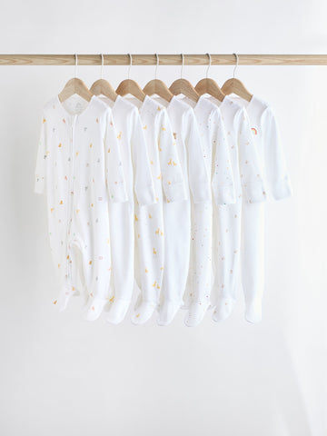 White Bright Character 7 Pack Baby 100% Cotton Sleepsuits (0-2yrs)
