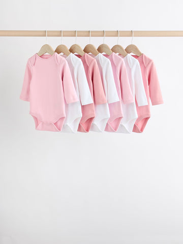 Pink/White 7 Pack Essential Long Sleeve Baby Bodysuits