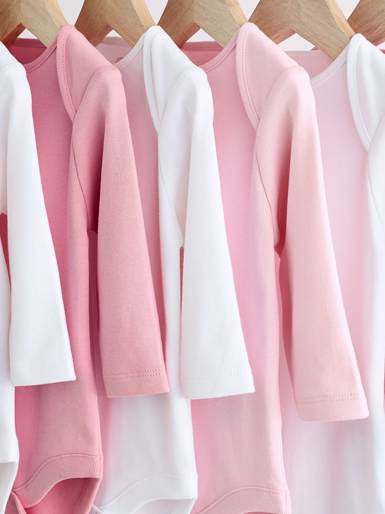 Pink/White 7 Pack Essential Long Sleeve Baby Bodysuits