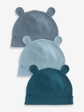 Mid Blue Baby 100% Cotton Beanies 3 Pack (0-18mths)
