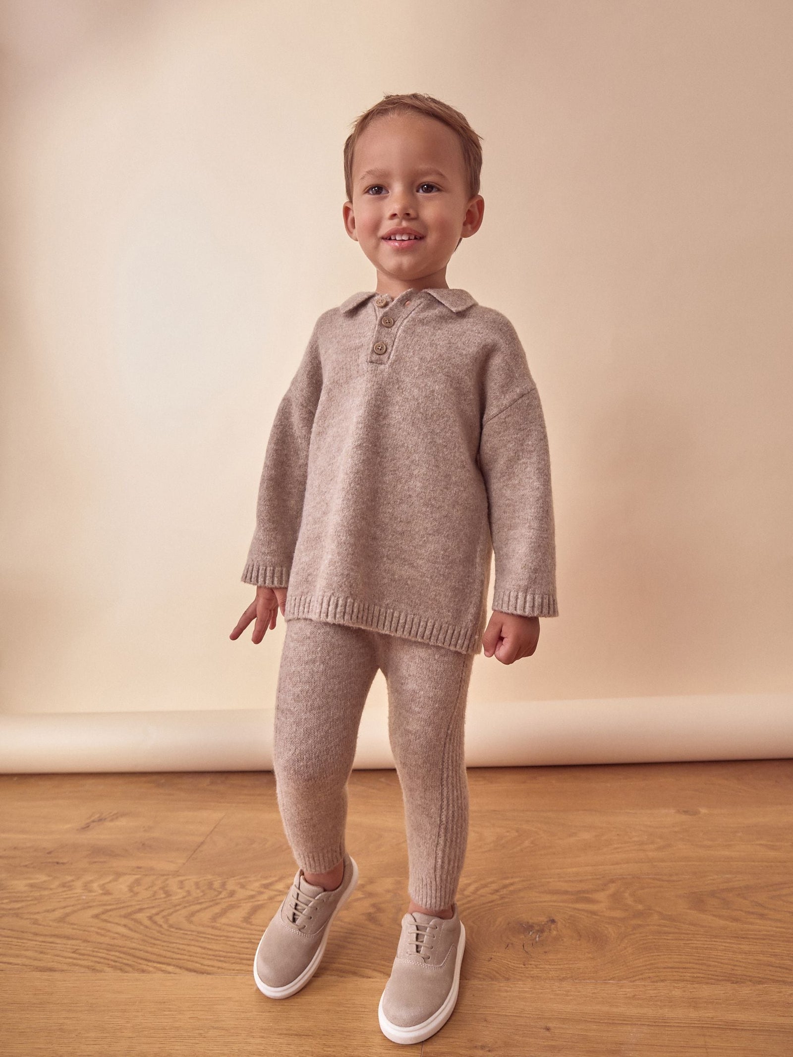 Neutral Knitted Long Sleeve Polo And Joggers Set (immediate)
