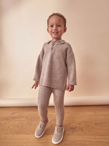 Neutral Knitted Long Sleeve Polo And Joggers Set (immediate)