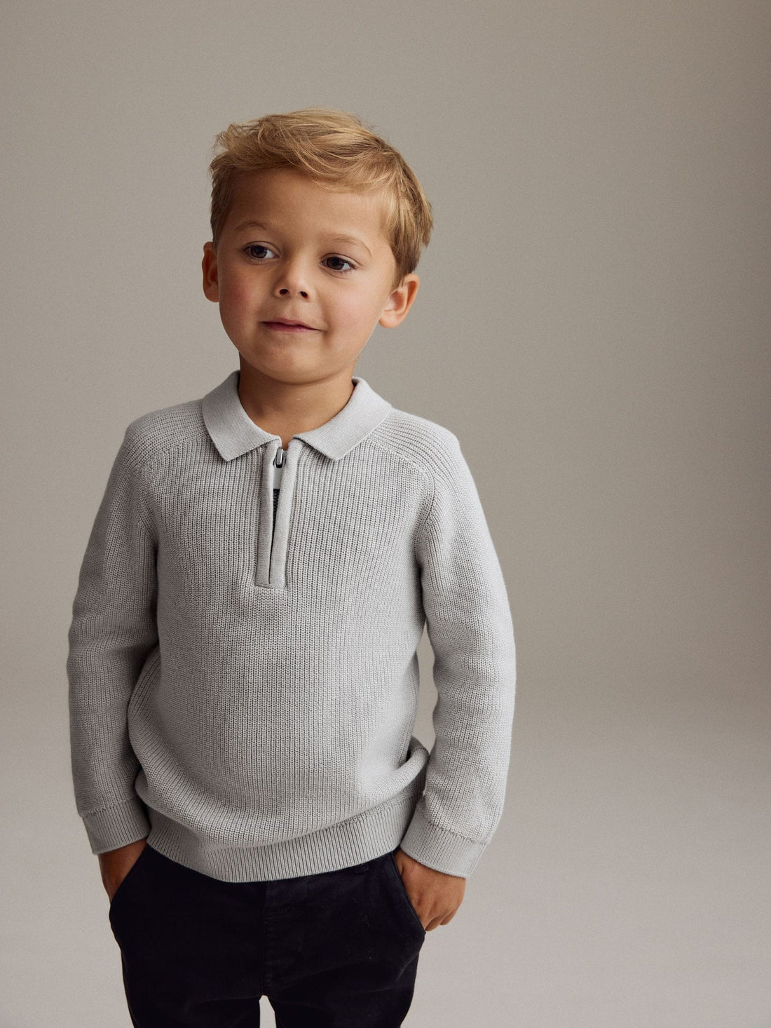 Light Grey Long Sleeve Quarter Zip Knitted Polo Shirt (3mths-7yrs)