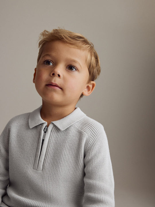 Light Grey Long Sleeve Quarter Zip Knitted Polo Shirt (3mths-7yrs)