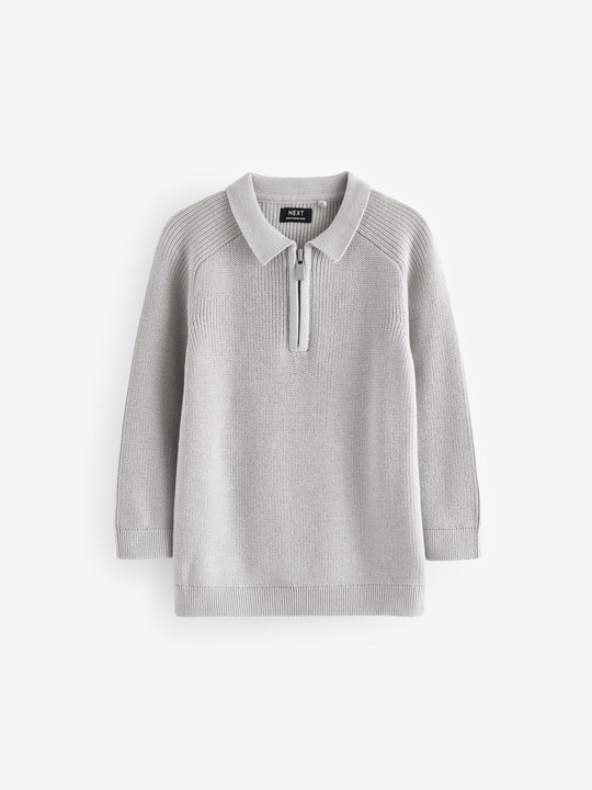 Light Grey Long Sleeve Quarter Zip Knitted Polo Shirt (3mths-7yrs)