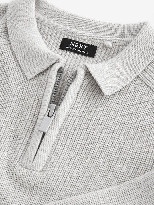 Light Grey Long Sleeve Quarter Zip Knitted Polo Shirt (3mths-7yrs)