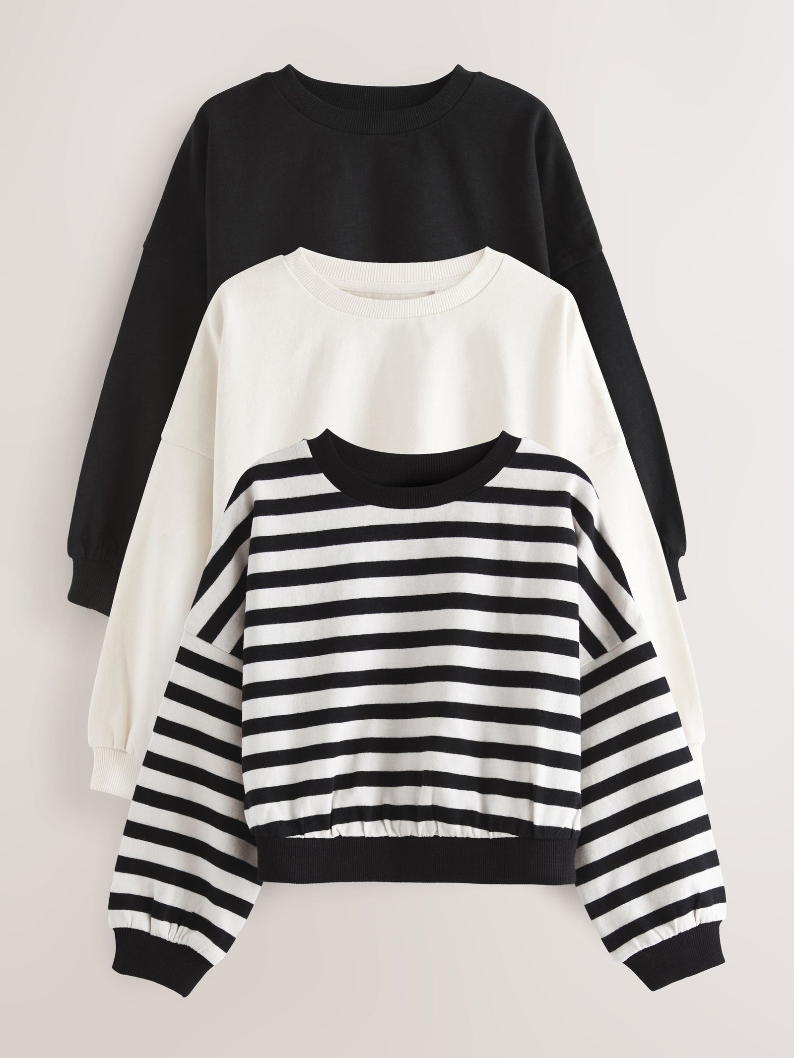 Black/White Boxy Long Sleeve 100% Cotton Sweat Tops 3 Pack (3-16yrs)