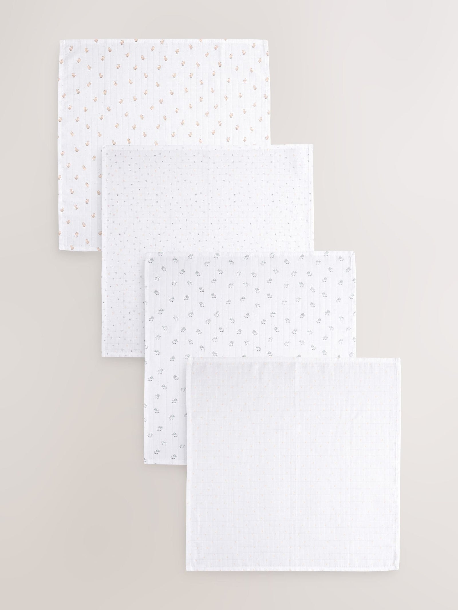 White Delicate Animal Baby Muslins Cloths 4 Pack