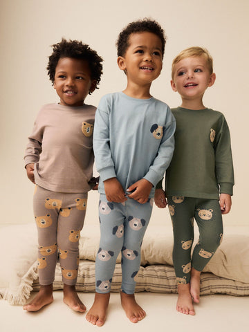 Blue/Brown/Khaki Green Animal 3 Pack Snuggle Pyjamas (9mths-8yrs)