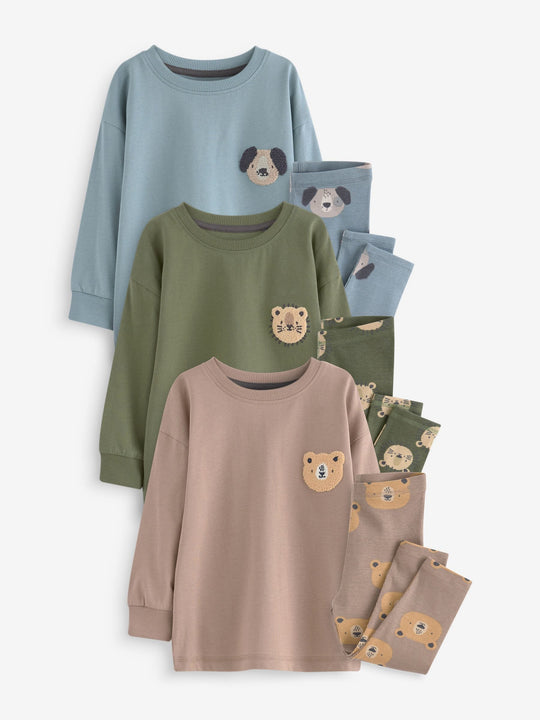 Blue/Brown/Khaki Green Animal 3 Pack Snuggle Pyjamas (9mths-8yrs)